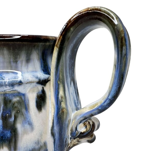 Hand Thrown Pottery‎ Mug Oversized Sculpted Handle Blue & Black Drip Glaze 16 Oz - Picture 3 of 13